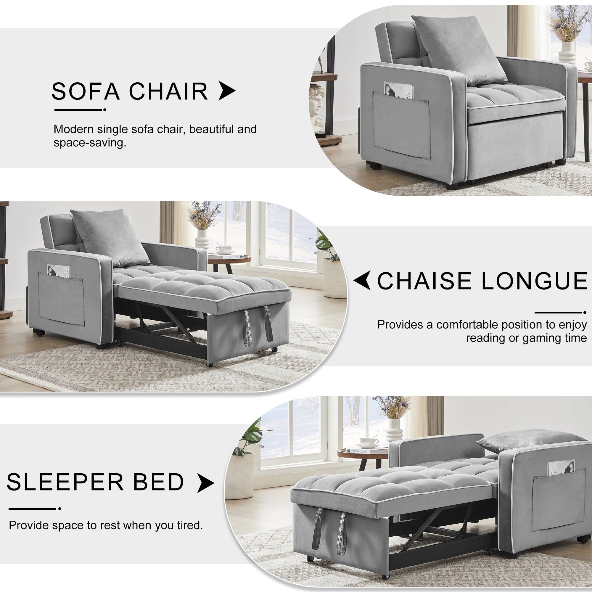Muumblus Sleeper Sofa Chair Bed, 3-in-1 Convertible Sofa Chair with Pull Out Bed, Modern Adult Velvet Pull Out Sofa Bed for Living Room Apartment Small, Gray