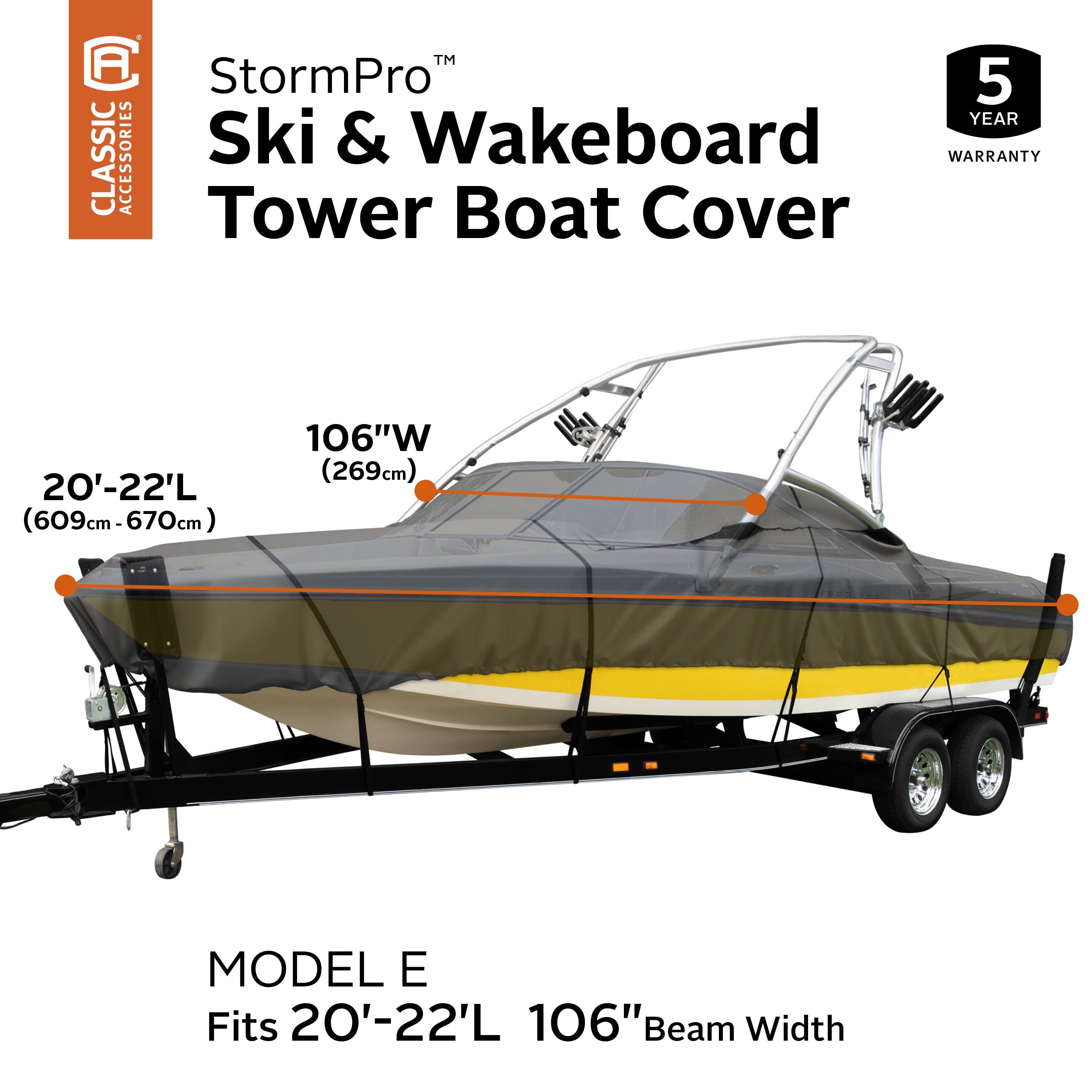 Classic Accessories StormPro Heavy-Duty Ski & Wakeboard Tower Boat Cover, Fits boats 20 - 22 ft long, beam width to 106 in wide