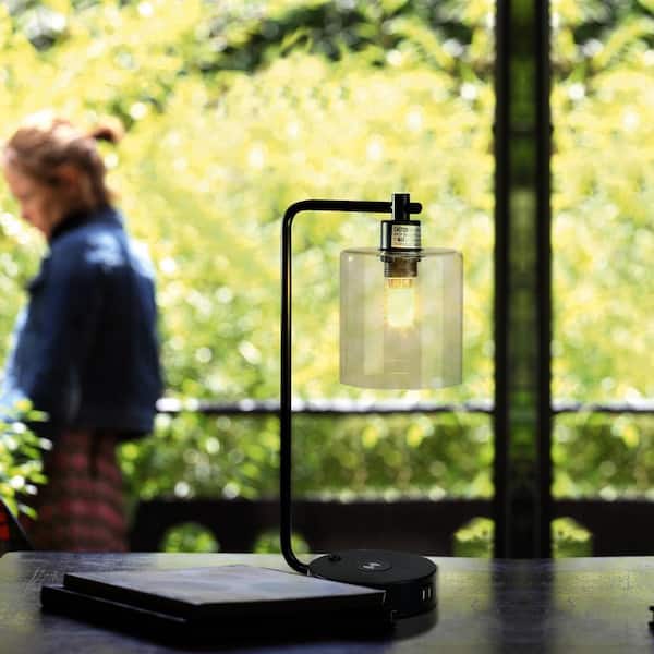 19 in. Clear Table Lamp with Wireless Charger and Glass Shade