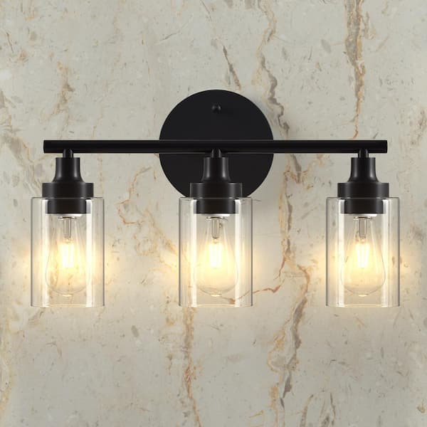 17 in. 3-Light Modern Matte Black Vanity-Light with Clear Glass Shade