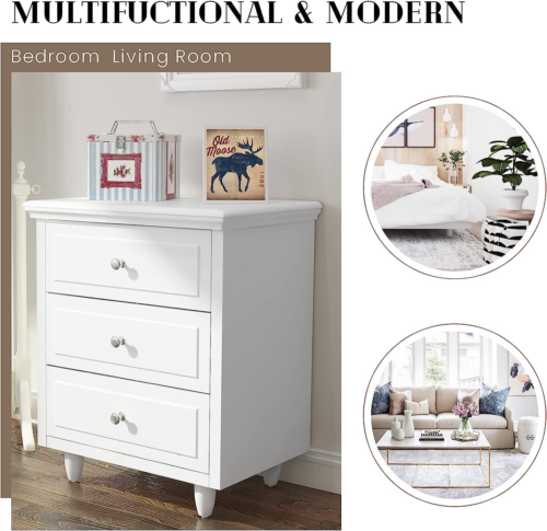 AWQM 3 Drawers Nightstand, with Wood Legs,Modern White Dresser
