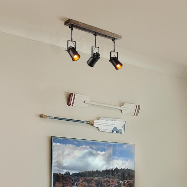Farmhouse 2 ft. 3-Light Texture Black Spotlights Track Lighting Kit Wood Canopy