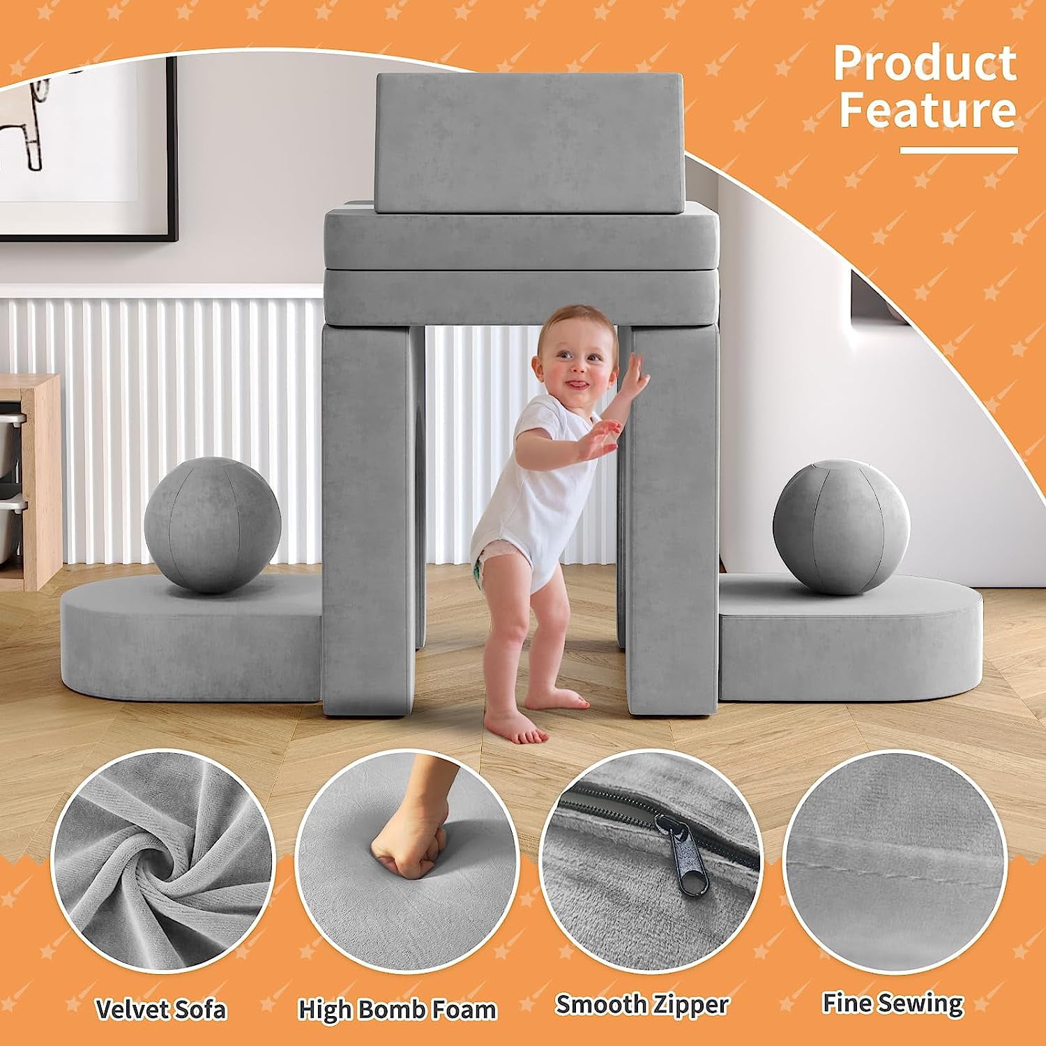 10Pcs Kids Sofa for Bedroom Playroom, Wanan Modular Toddler Couch Fold Out Couch Play Sofa for Boys Girls, Kids Sofa Couch Convertible Sofa Kids Foam Couch, Gray