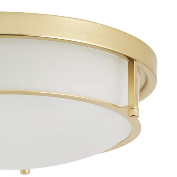 13 in. 2-Light Industrial Gold Flush Mount Farmhouse Close to Ceiling Light Fixture with White Glass Shade