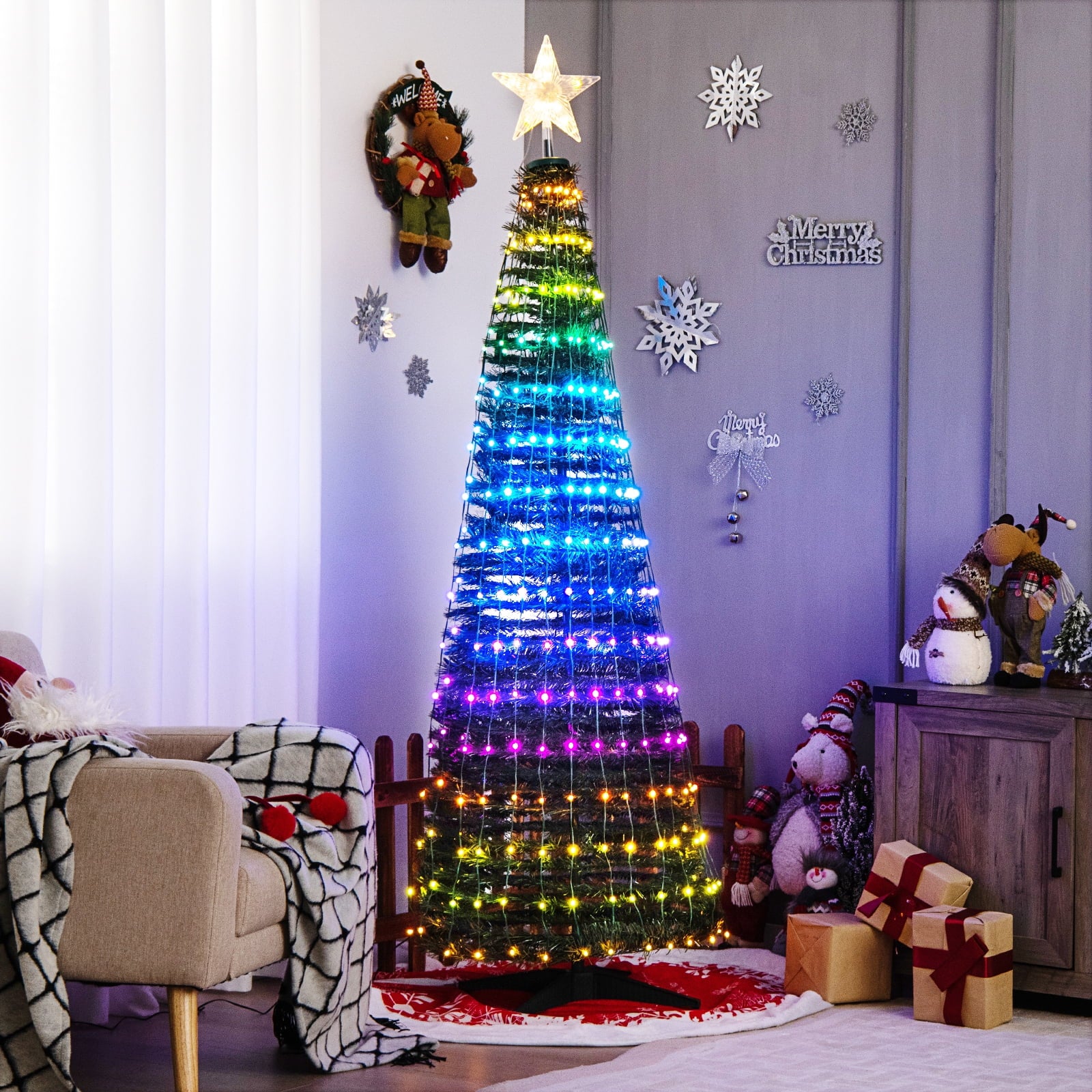 Topbuy 6FT Pop-up Pre-lit Christmas Tree Collapsible Artificial Xmas Tree w/282 RGB Multi-color Lights Tree Top Star, Metal Base Indoor & Outdoor Lighted Christmas Decor