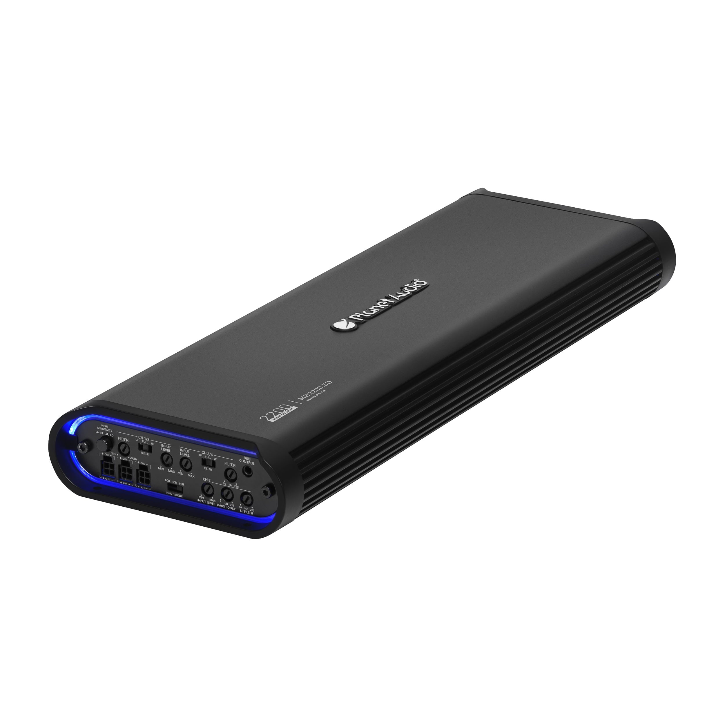 Planet Audio MB2200.5D Mini Bang Series Car Audio Amplifier - 2200 High Output, 5 Channel, Class D, 2 Ohm, Low/High Level Inputs, Low/High Pass Crossover, Full Range, Hook Up To Stereo and Subwoofer