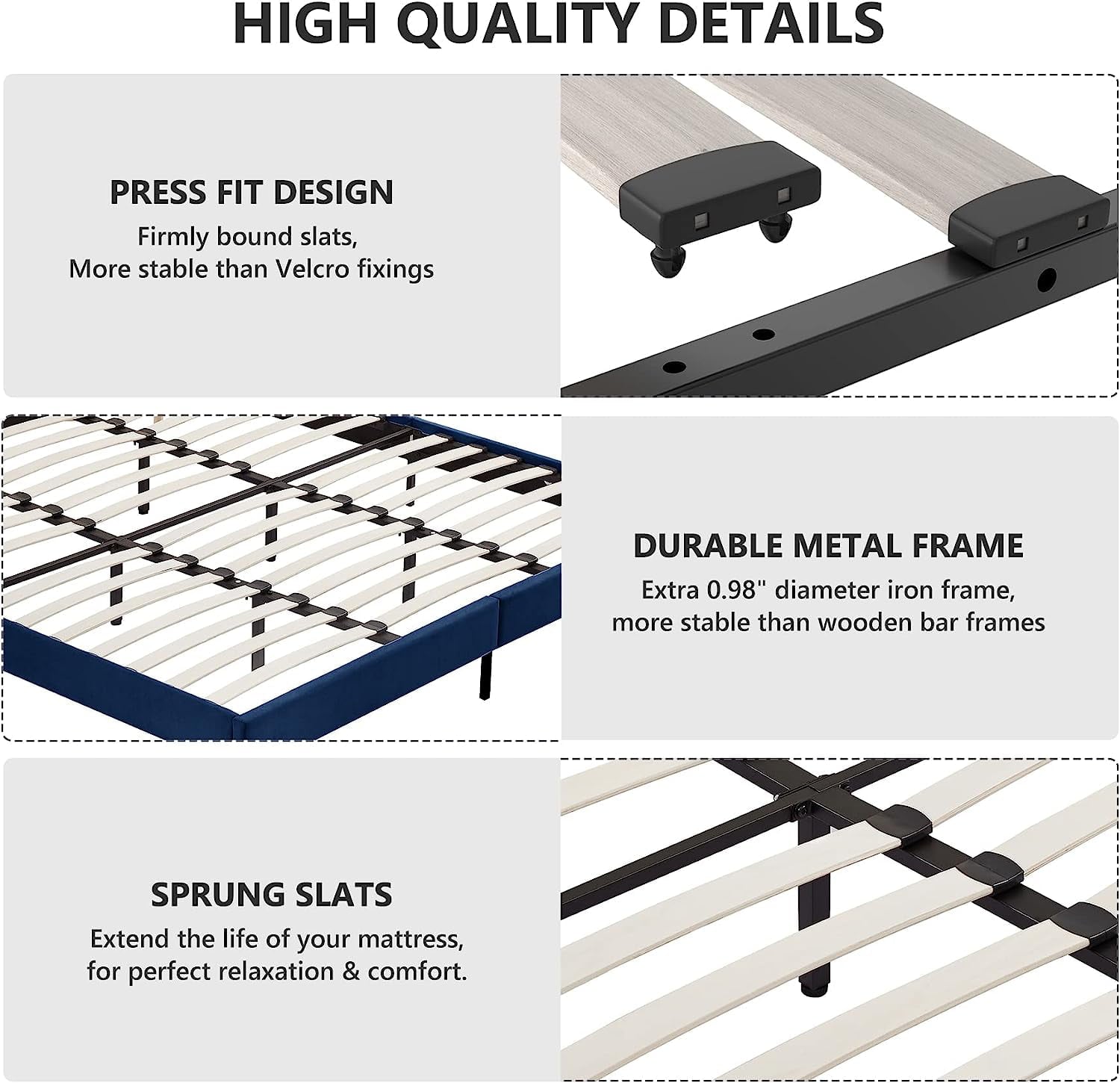 Flolinda King Bed Frame Upholstered Bed Frame with Vertical Channel Tufted Complete High Headboard, Blue