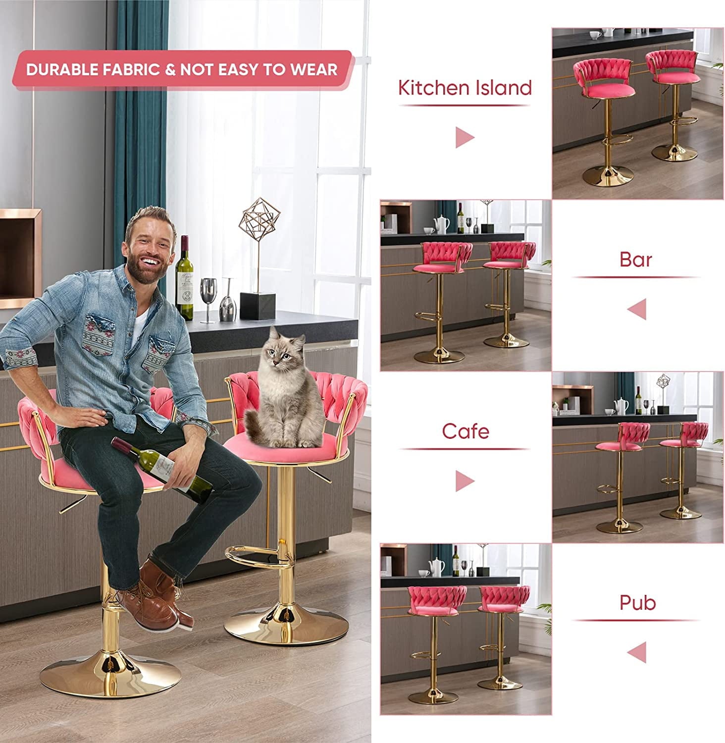 KINFFICT Upholstered Adjustable Swivel Barstool Set of 2, Velvet Bar Height Bar Stools Counter Height Bar Stools, Pink