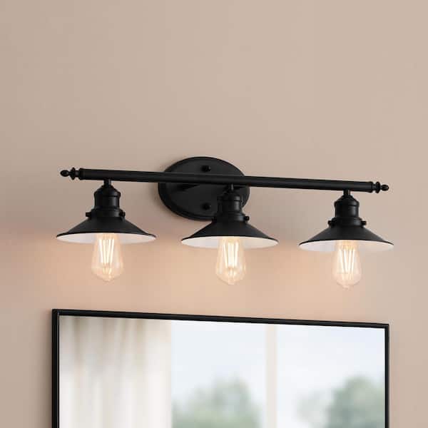 Glenhurst 25 in. 3-Light Industrial Farmhouse Black Bathroom Vanity Light Fixture with Metal Shades