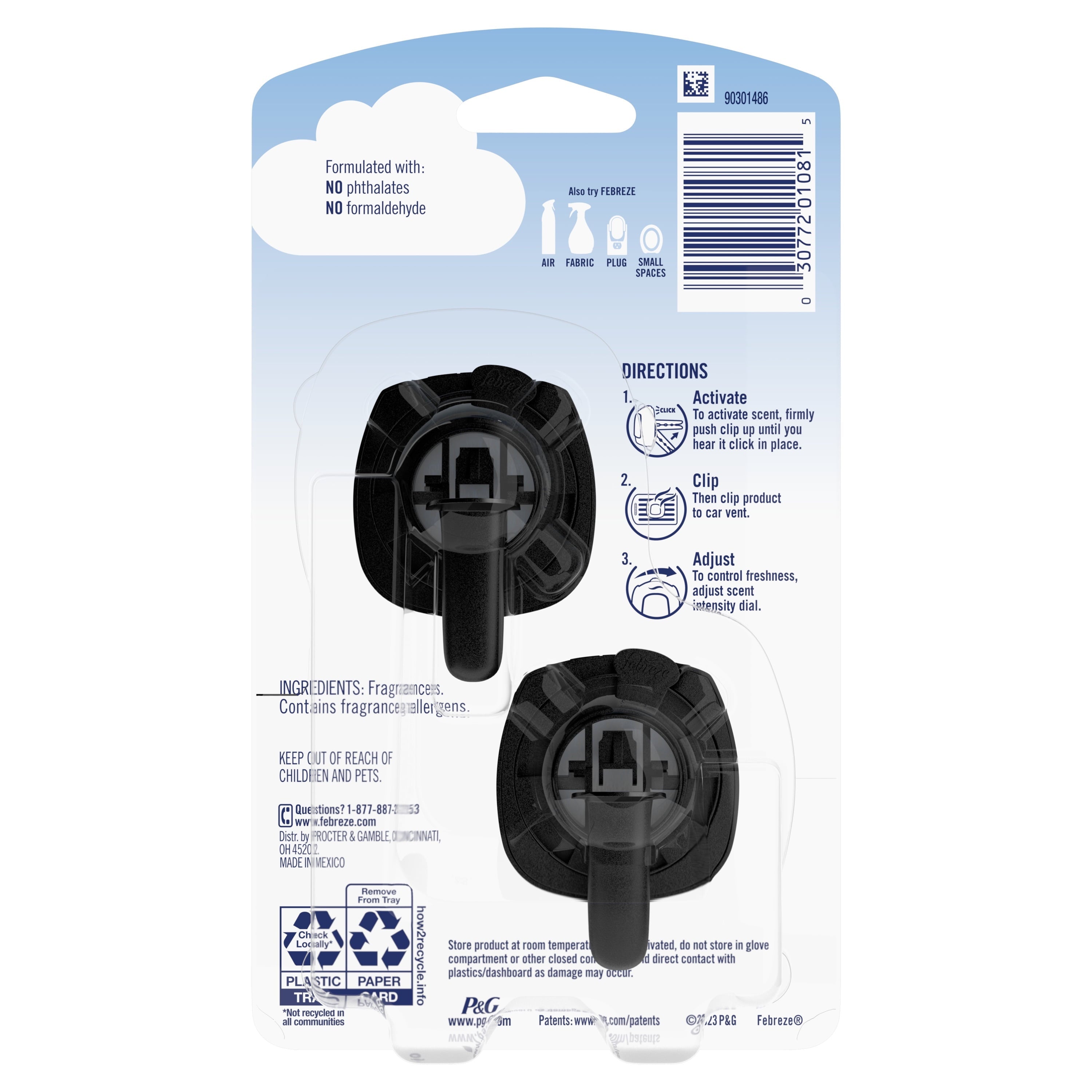 Febreze Car Ocean Scent Air Freshener Vent Clip, .07 oz. Car Vent Clip, Pack of 2