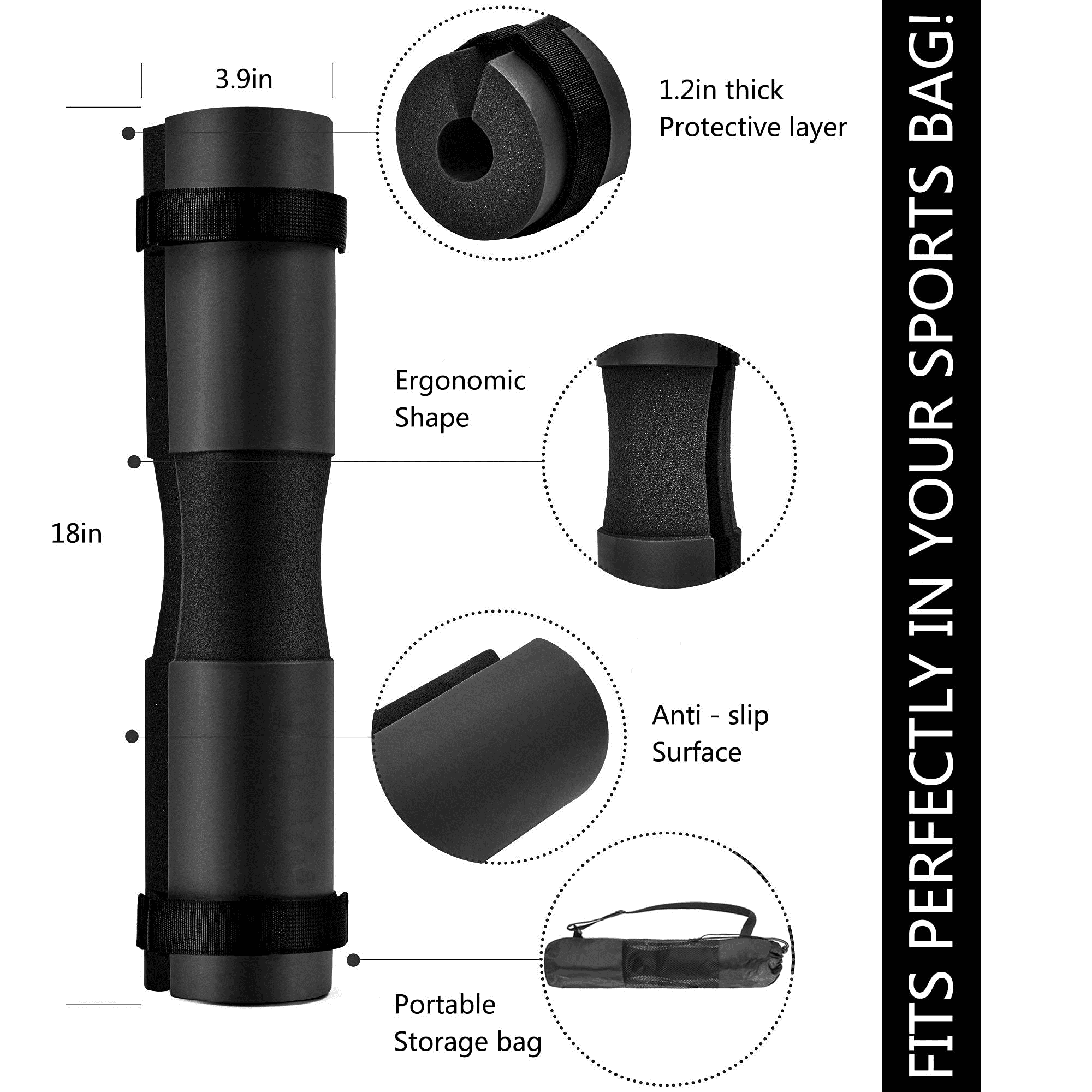 Squat Pad - Foam Barbell Pad for Squats Cushion, Lunges & Bar Padding for Hip Thrusts - Standard Olympic Weight Bar Pad - Provides Cushion to Neck and Shoulders While Training