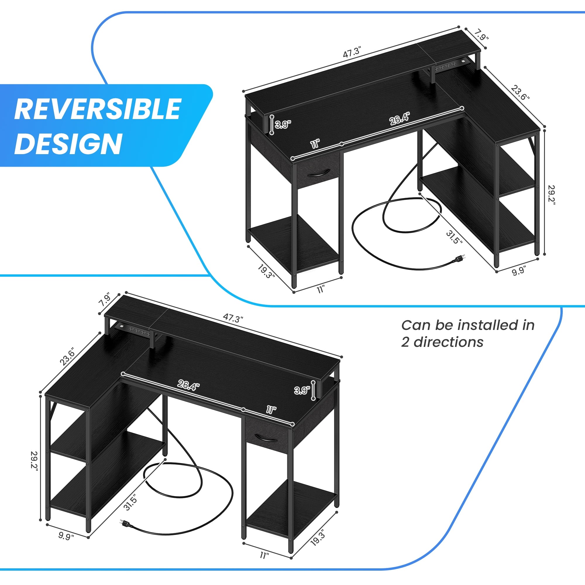 SUPERJARE L-Shaped Computer Desk with LED Lights & Power Outlets, Gaming Desk with Shelves & Drawer, Reversible L Office Desk, Black