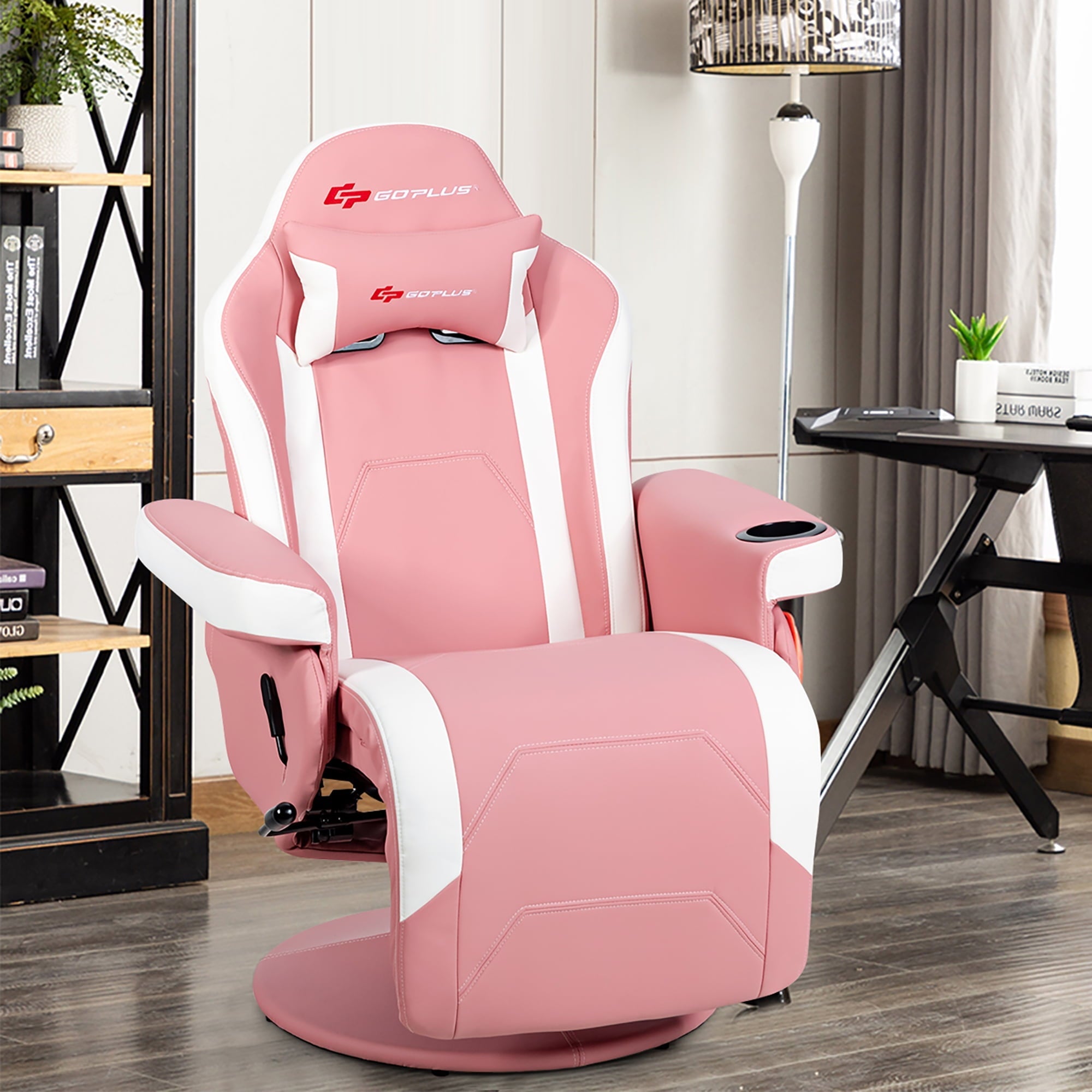 Goplus Massage Gaming Recliner Reclining Racing Chair Swivel w/Cup Holder & Pillow Pink
