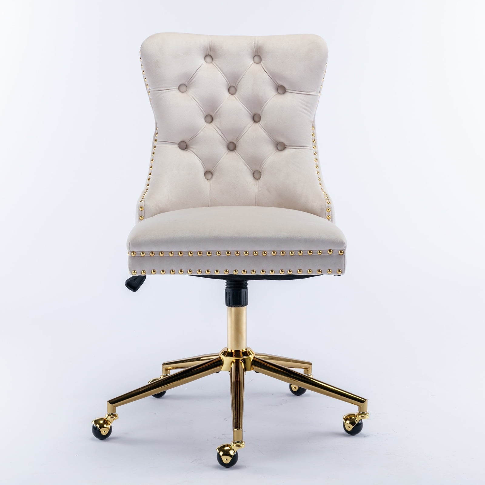 BTMWAY Office Chair, Velvet Upholstered Tufted Button Home Office Chair with Golden Metal Base, Adjustable Height, Swivel Ergonomic Task Chair, Luxury Desk Chair Computer Chair, Beige