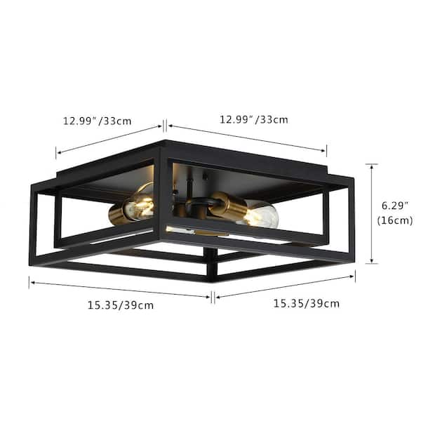 15.4 in. 3-Light Black Farmhouse Caged Square Flush Mount Industrial Vintage Ceiling Lighting