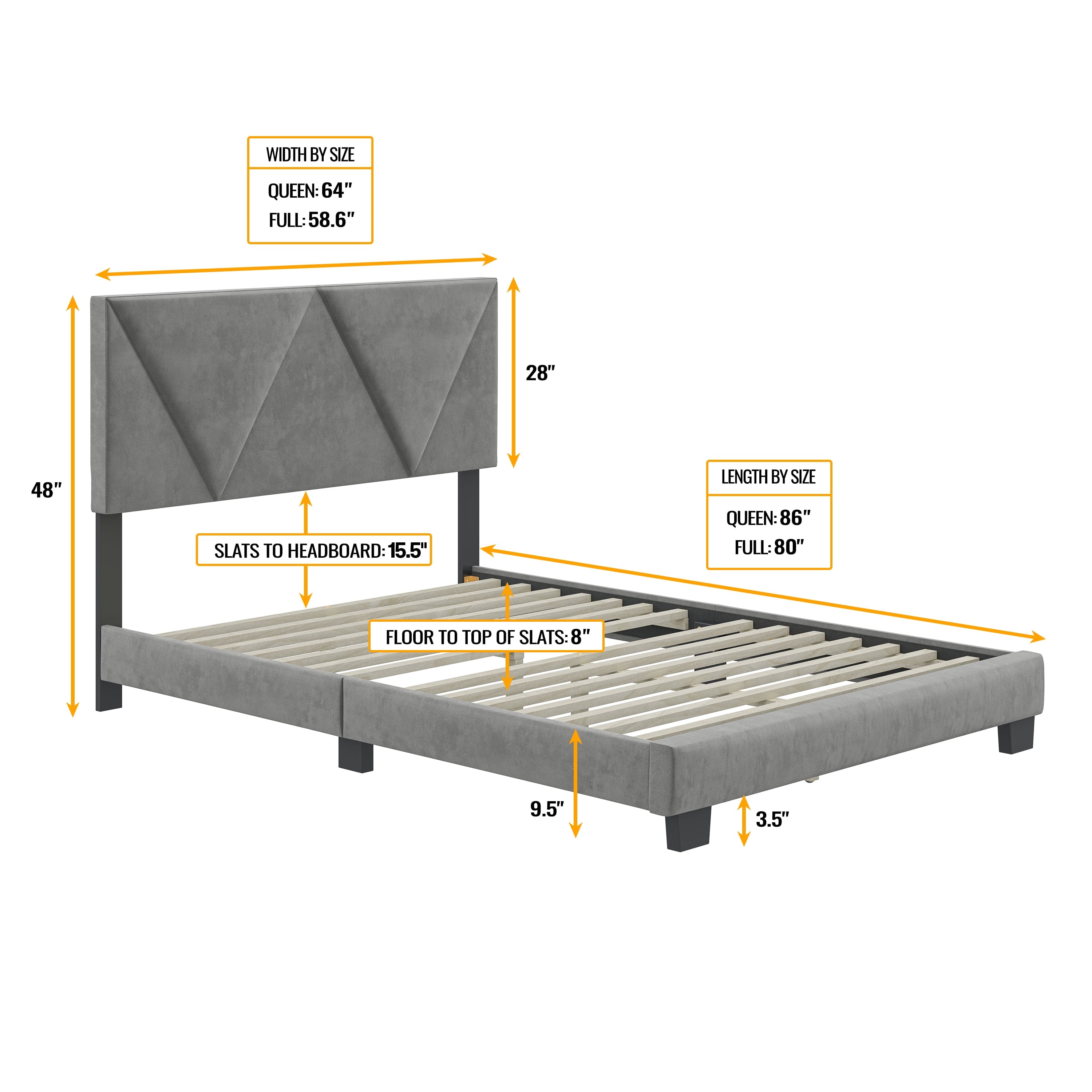 Boyd Sleep Vector Velvet Upholstered Platform Bed, Gray, Queen