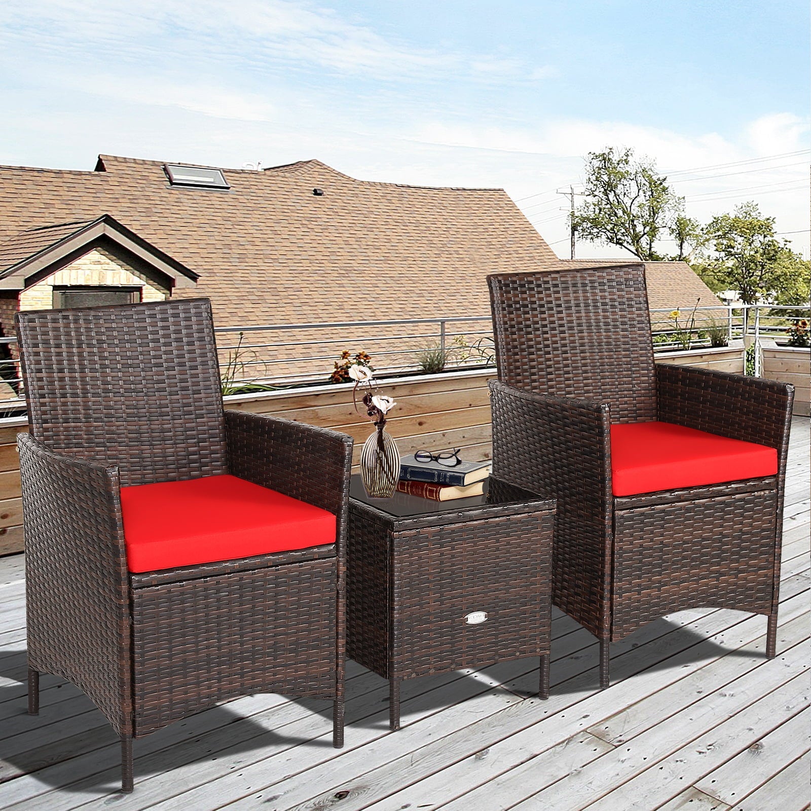 Patiojoy 3 Pieces Patio Rattan Conversation Furniture Wicker Chairs with Coffee Table & Cushions Red
