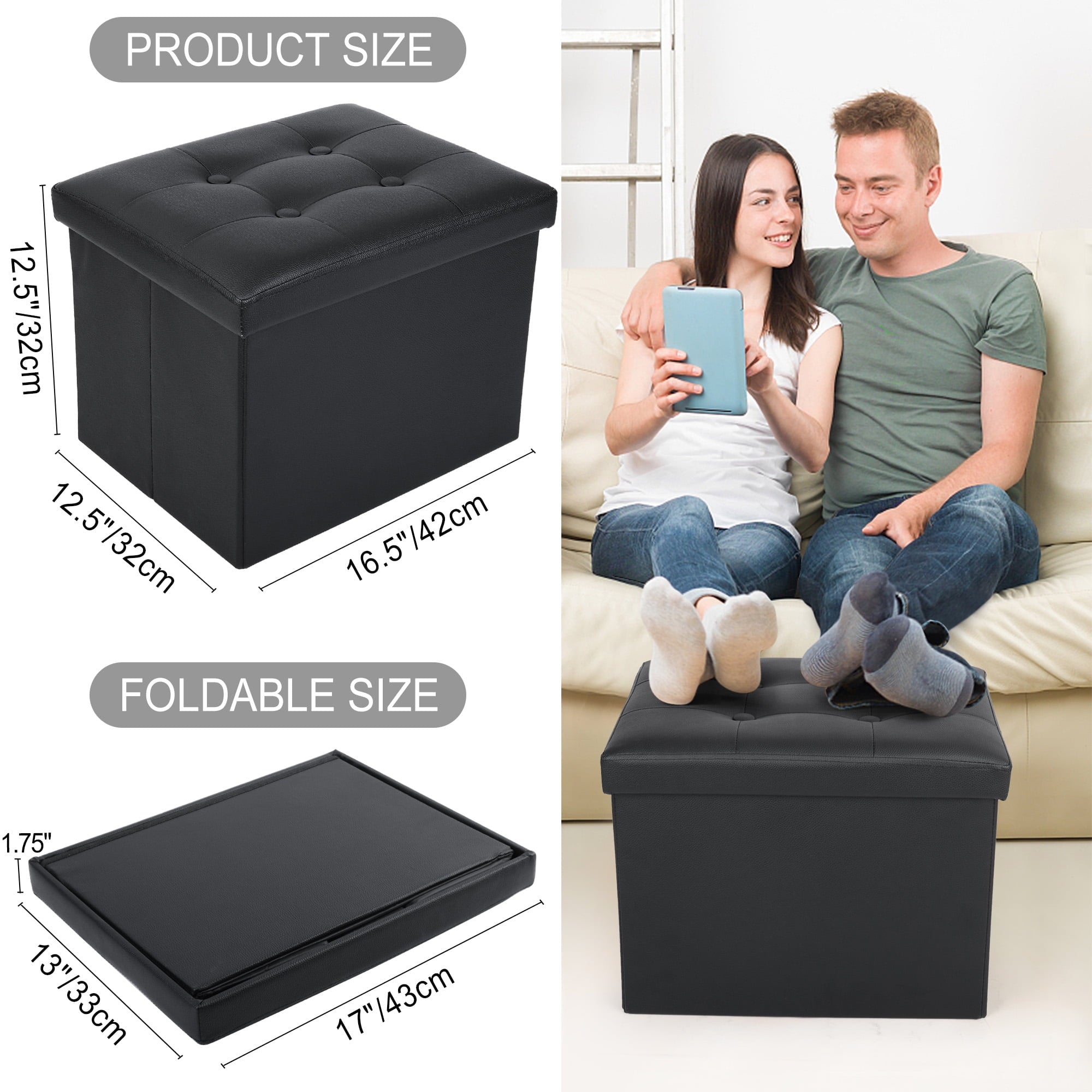 LotFancy 17 Inch Storage Ottoman Cube, Foot Rest Ottoman, Black Faux Leather, 17x13x13 in