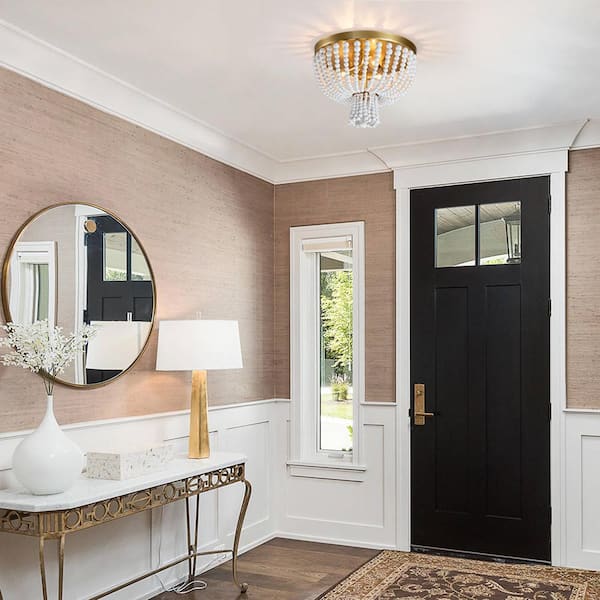 13.75 in. 3-Light Gold Flush Mount with White Wood Beads