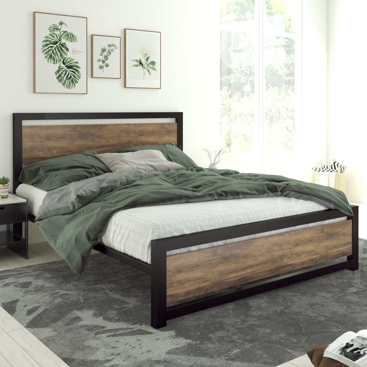 Allewie Queen Size Metal Platform Bed Frame with Square Frame Wooden Headboard&Footboard, Brown