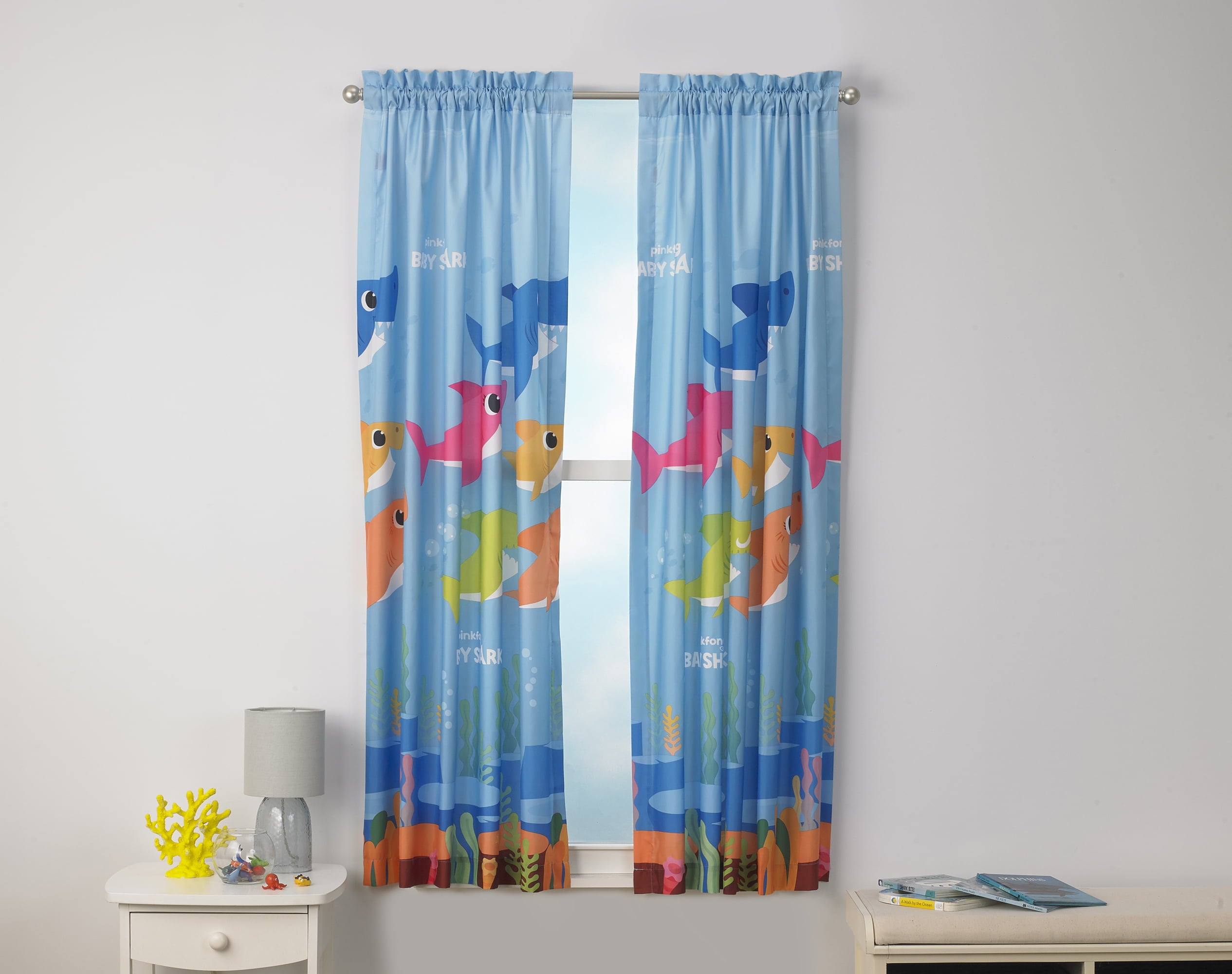 Baby Shark Kids Bedroom Microfiber Window Curtain Set, 2 Panels, 63