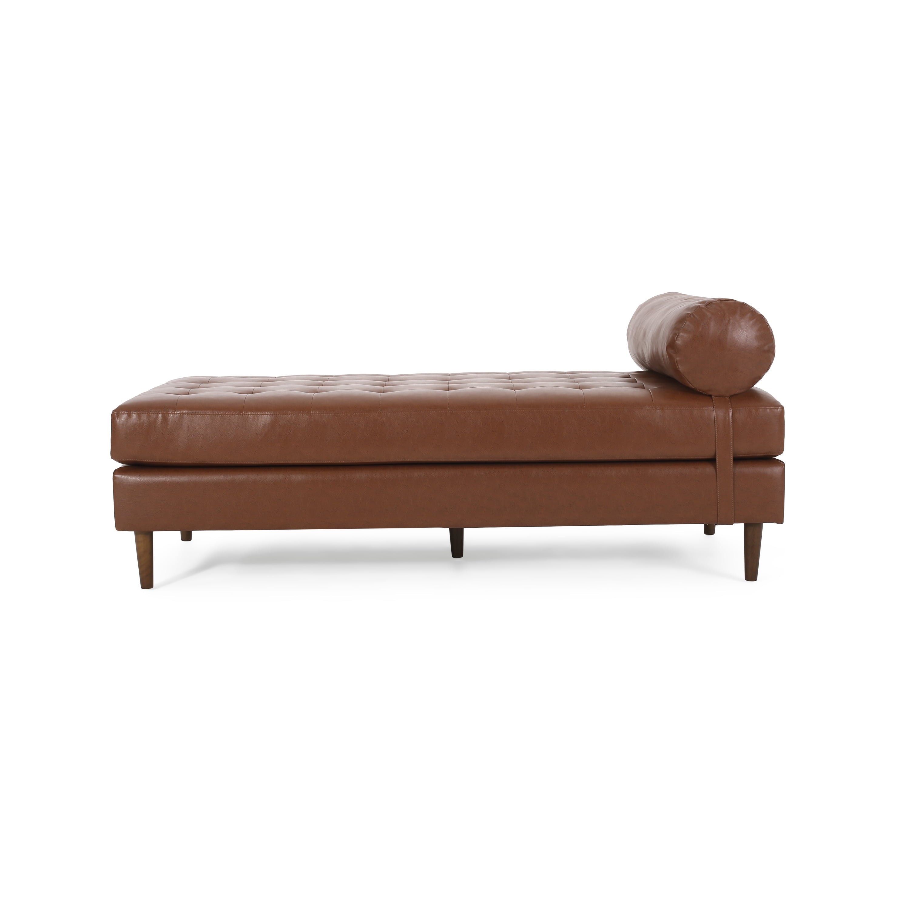 GDF Studio Elkjer Mid Century Modern Faux Leather Tufted Chaise Lounge with Bolster Pillow, Cognac Brown and Natural Walnut