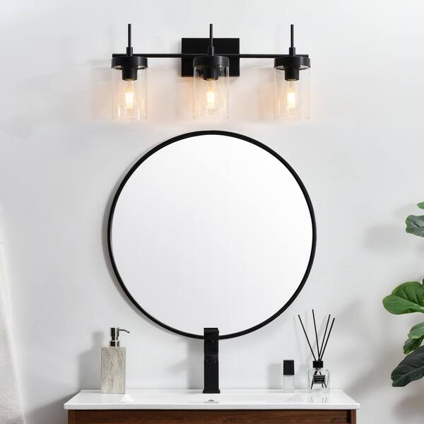 Simply Living 24 in. 3-Light Modern Black Vanity Light with Clear Cylinder Shade