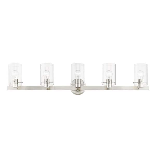 Munich 42 in. 5-Light Brushed Nickel Vanity Light with Clear Glass