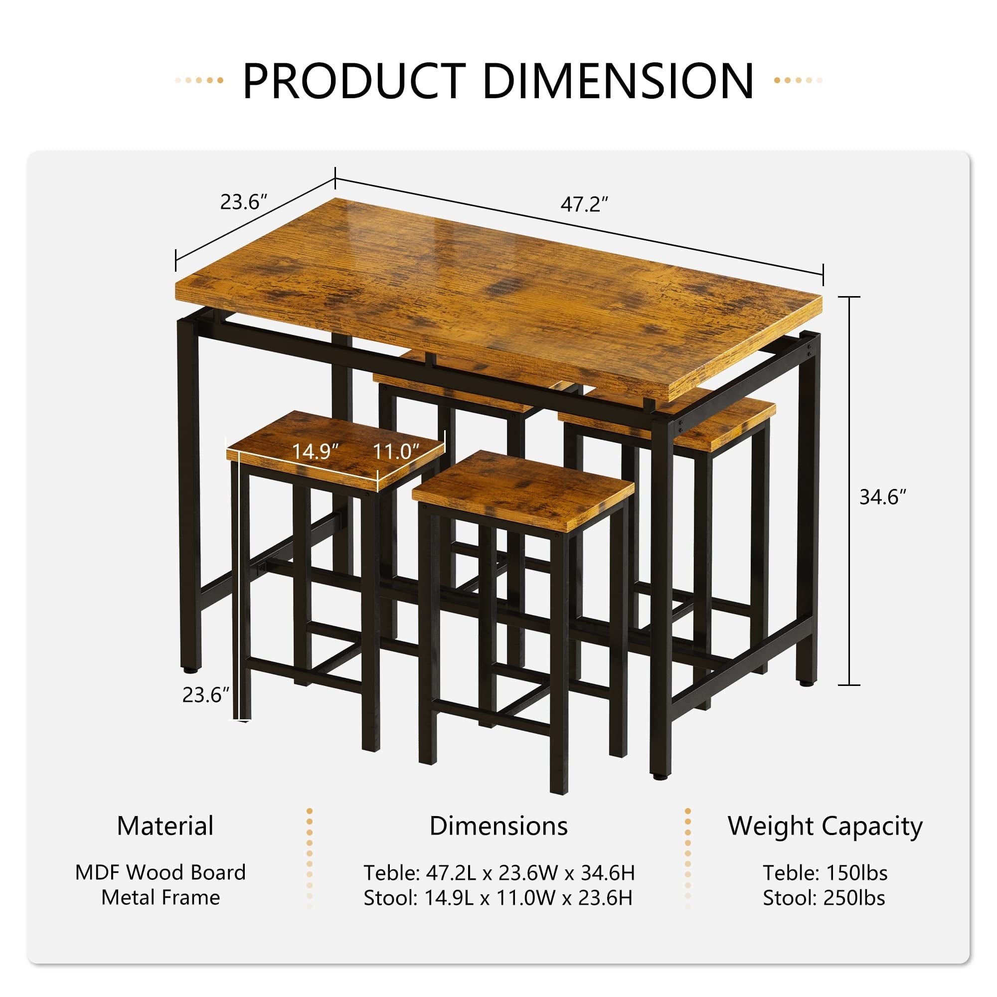 AWQM 5 Piece Bar Table Set, Kitchen Counter Height Table with 4 Stools, Home Kitchen Breakfast Table, Rustic Brown