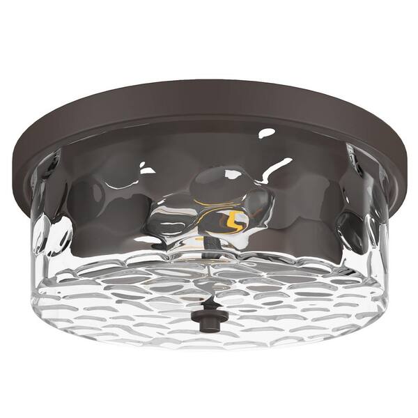 13 in. 2-Light Farmhouse Oil Rubbed Bronze Drum Flush Mount Ceiling Light Fixture with Water Ripple Glass Shade