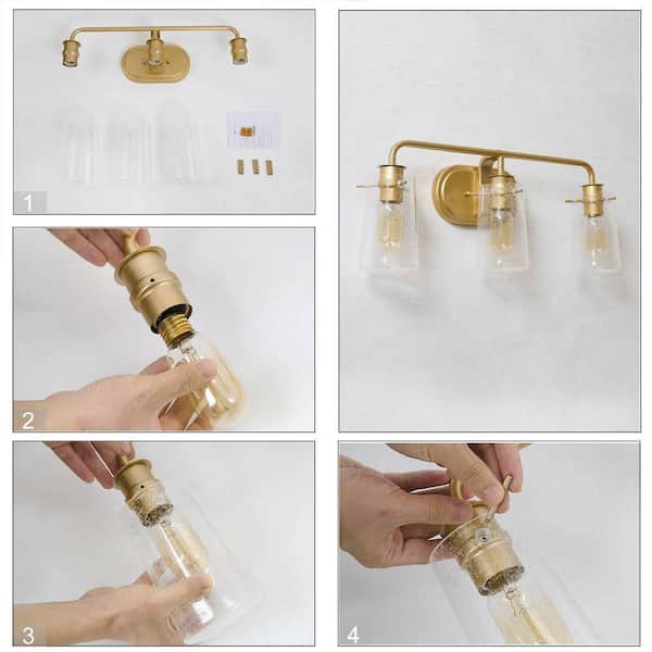 Modern Gold Bathroom Vanity Light Bar, 22.5 in. 3-Light Farmhouse Brass Wall Sconce with Seeded Glass Shades