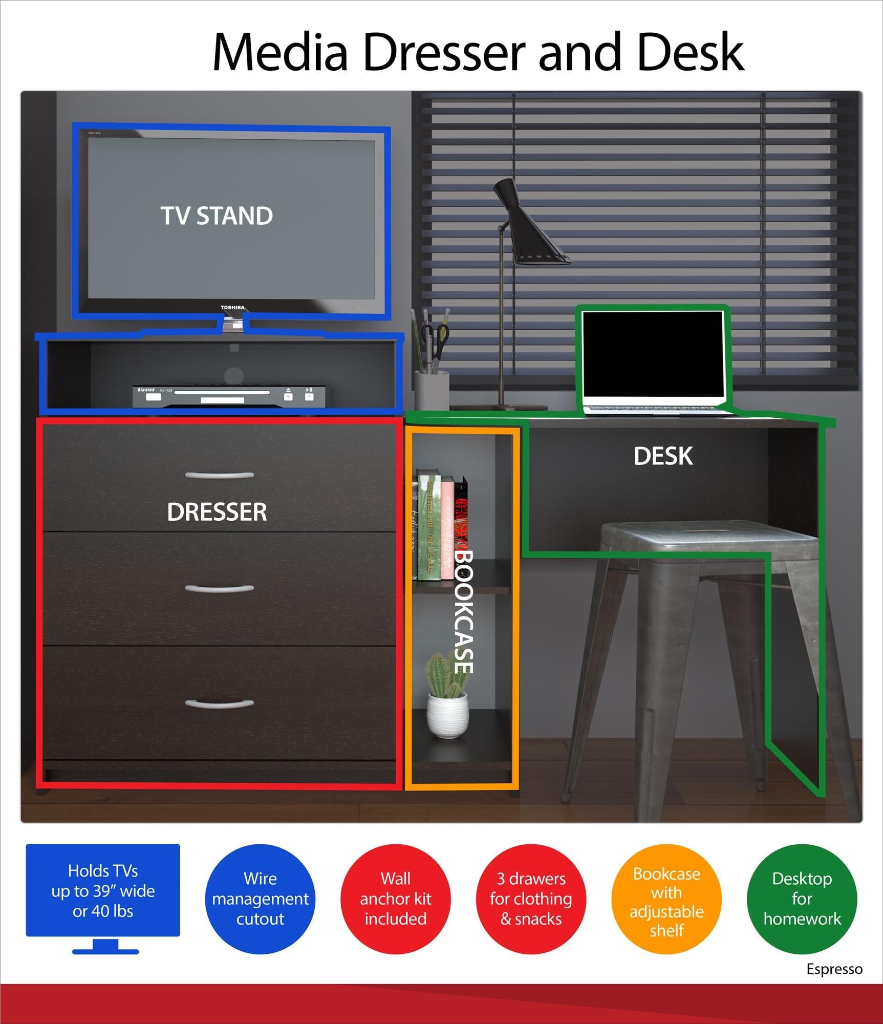 Elm & Oak Somerset 3 in 1 Media Dresser and Desk Combo, Espresso
