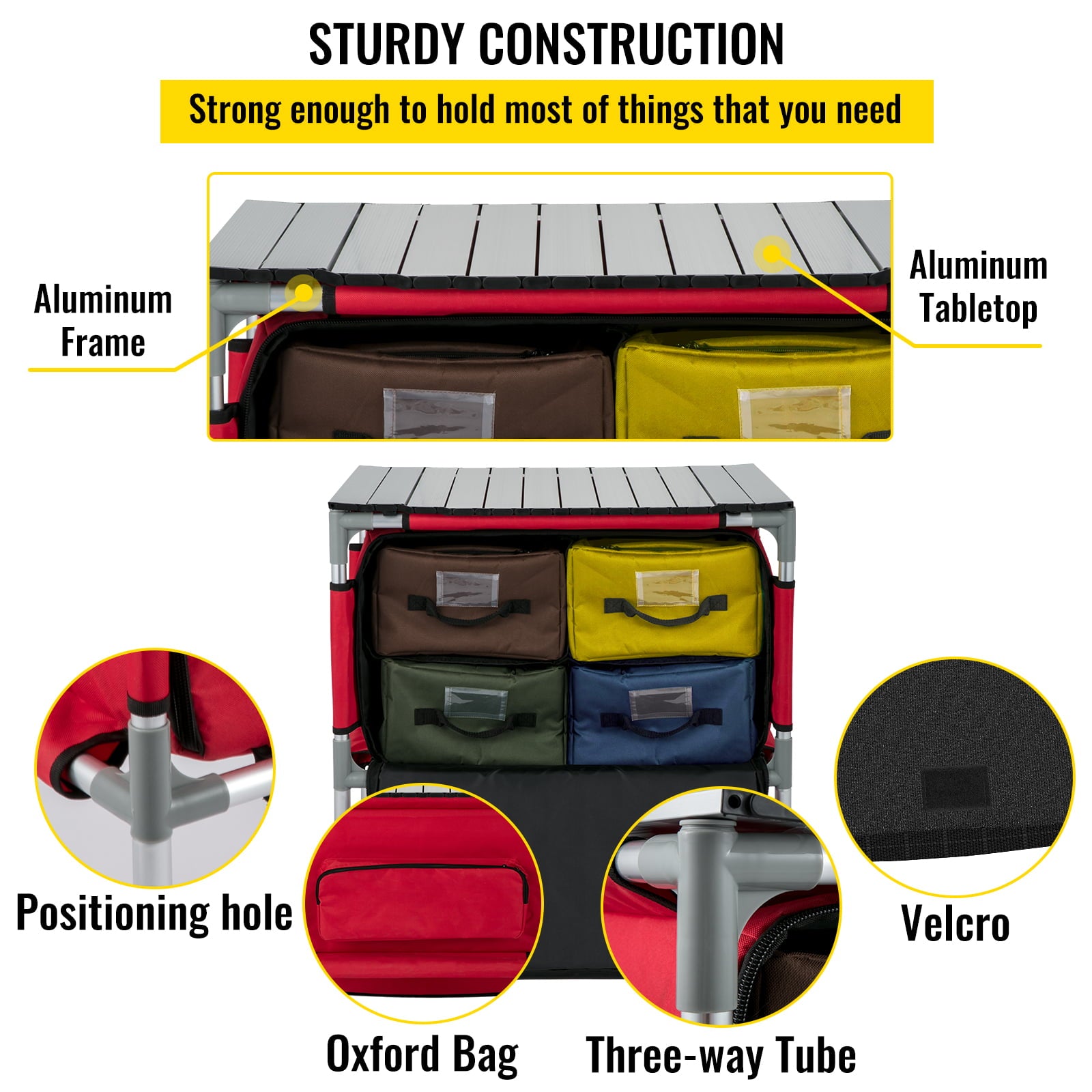 Camping Kitchen Station, Aluminum Portable Folding Camp Cook Table with 4 Detachable Legs & 4 Cooler Bags, Red