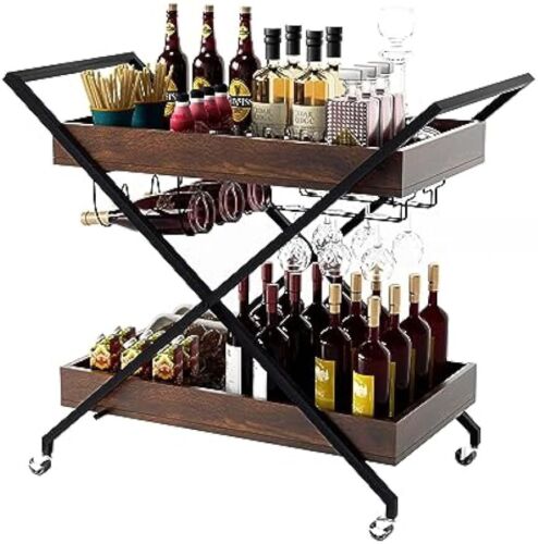 2-Tier Heavy Duty Bar Cart, Kitchen Island Rolling BBQ Drink Trolley, Wood
