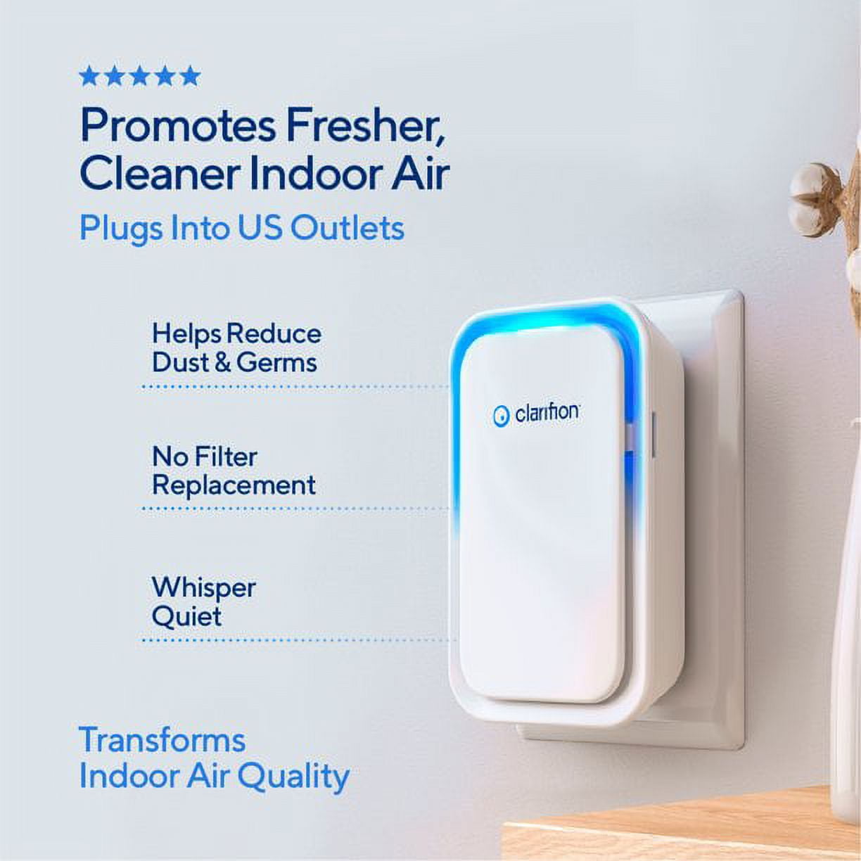 Clarifion - Negative Ion Generator with Highest Output (6 Units) Filterless Mobile Ionizer, Plug in, Eliminates: Smoke, Viruses, Allergens & More