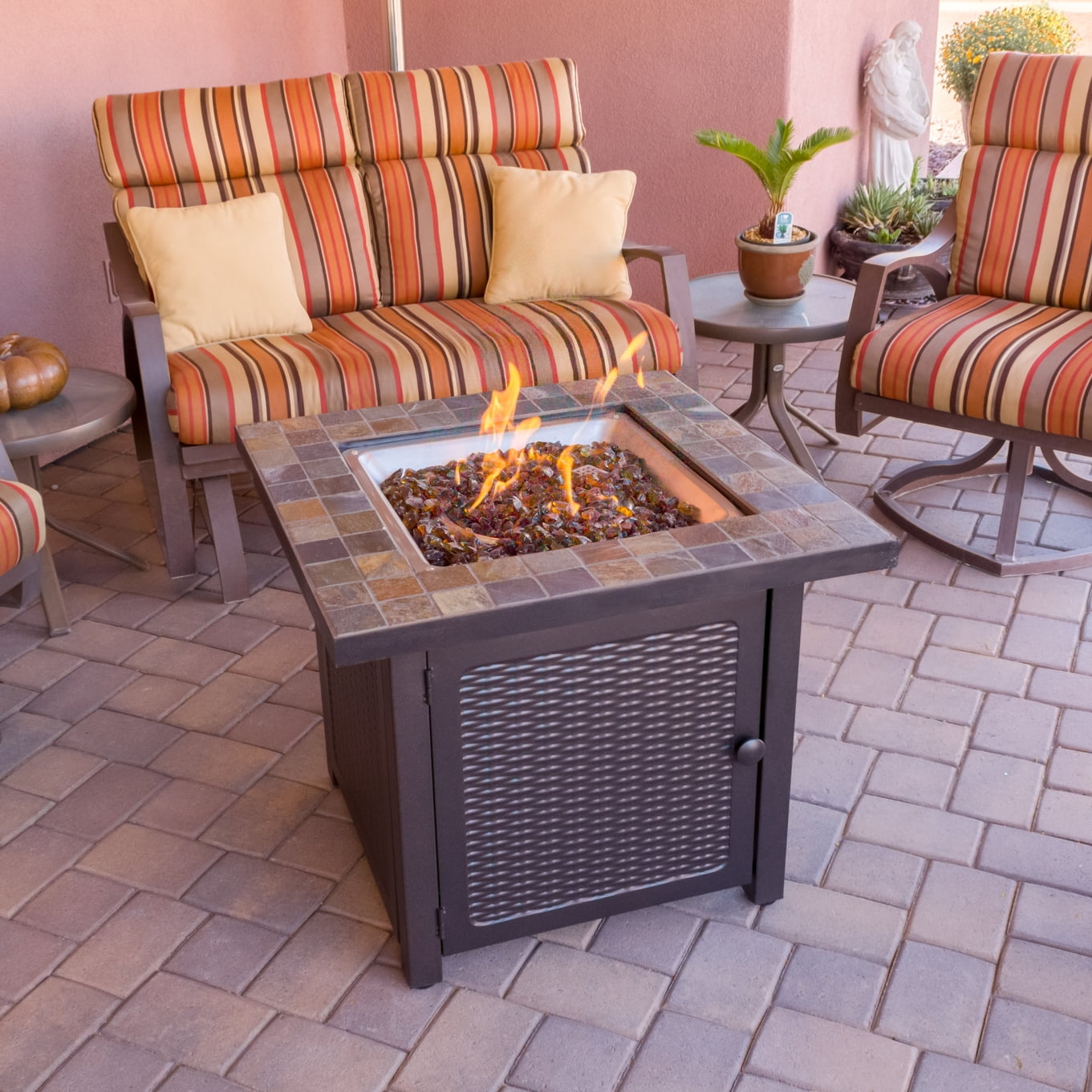 AZ Patio Heaters Hiland 30 Inch Square Slate Tile Top Propane Fire Pit, Bronze