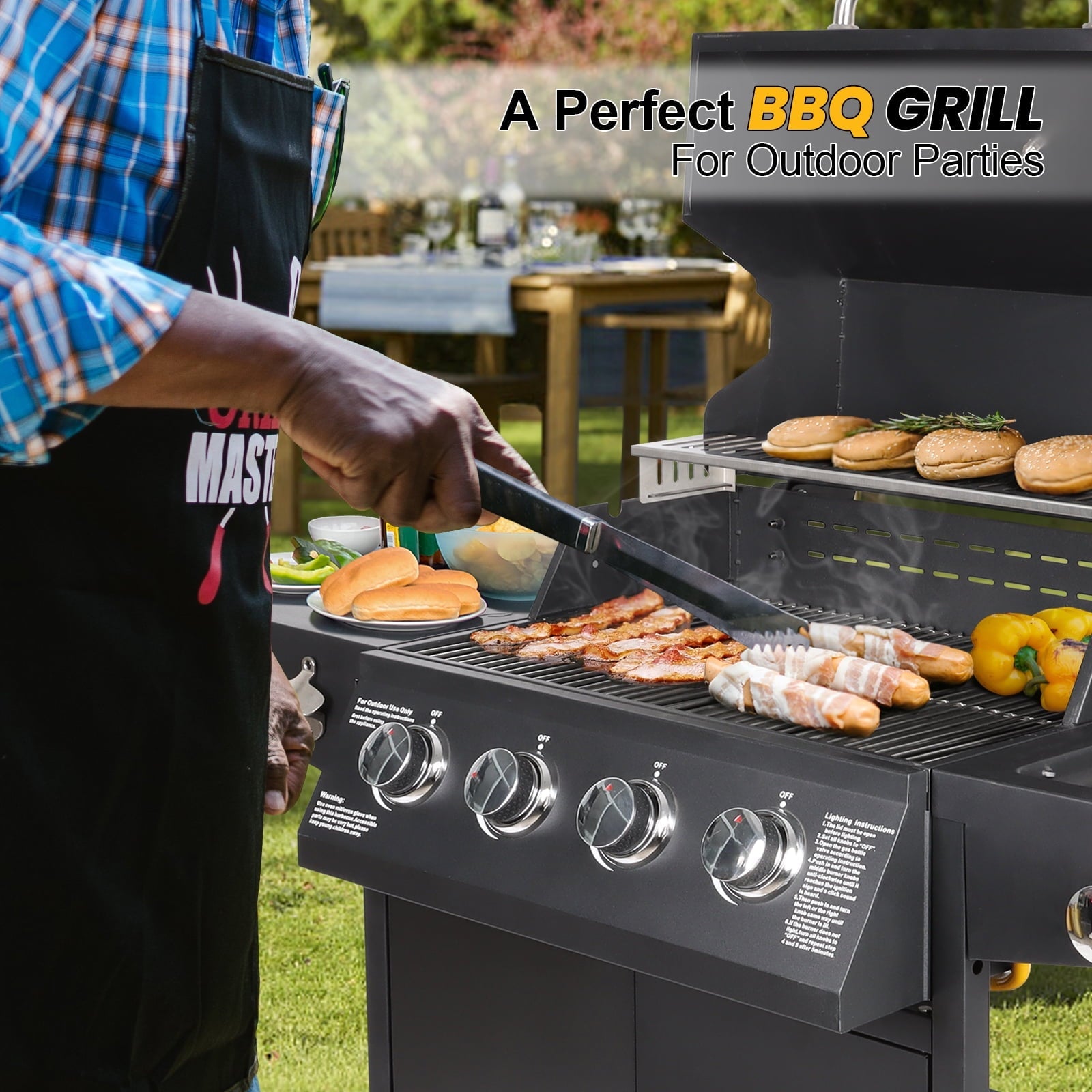 Polar Aurora Propane Gas Grill 4-Burners a Side Burner, Side Table, Steel Grill Cart for Garden Outdoor Cooking Picnic