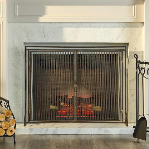 Cartwright Black Brushed Gold Metal 1-Panel Fireplace Screen