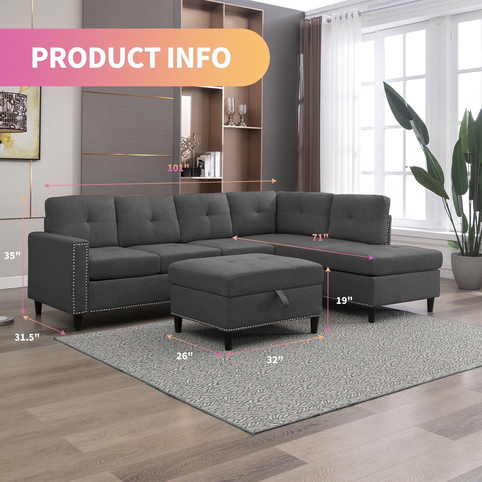 Mjkone L Shaped Sectional Sofa with Left Hand Facing Chaise,Free Combination Ottoman, Modular Sectional Sofa with Rivet Trim,Upholstered Sofa Couches for Living Room,Dark Grey
