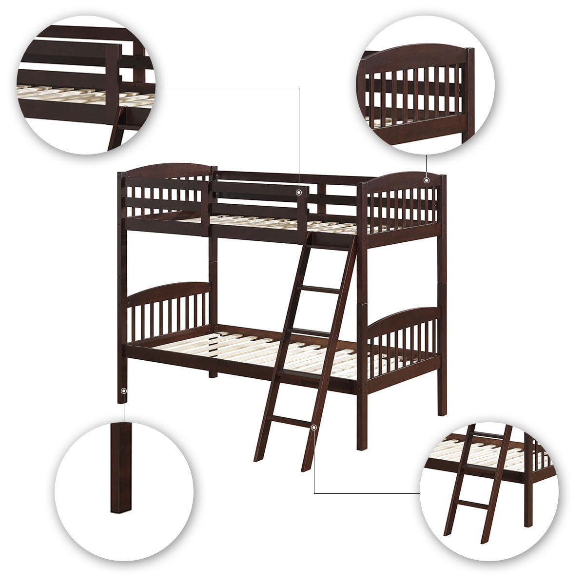 Costway Wood Solid Hardwood Twin Bunk Beds Detachable Safety Rail