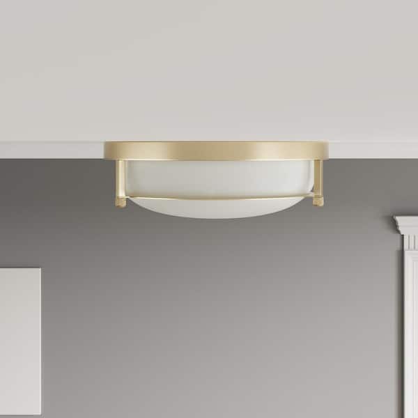 13 in. 2-Light Industrial Gold Flush Mount Farmhouse Close to Ceiling Light Fixture with White Glass Shade