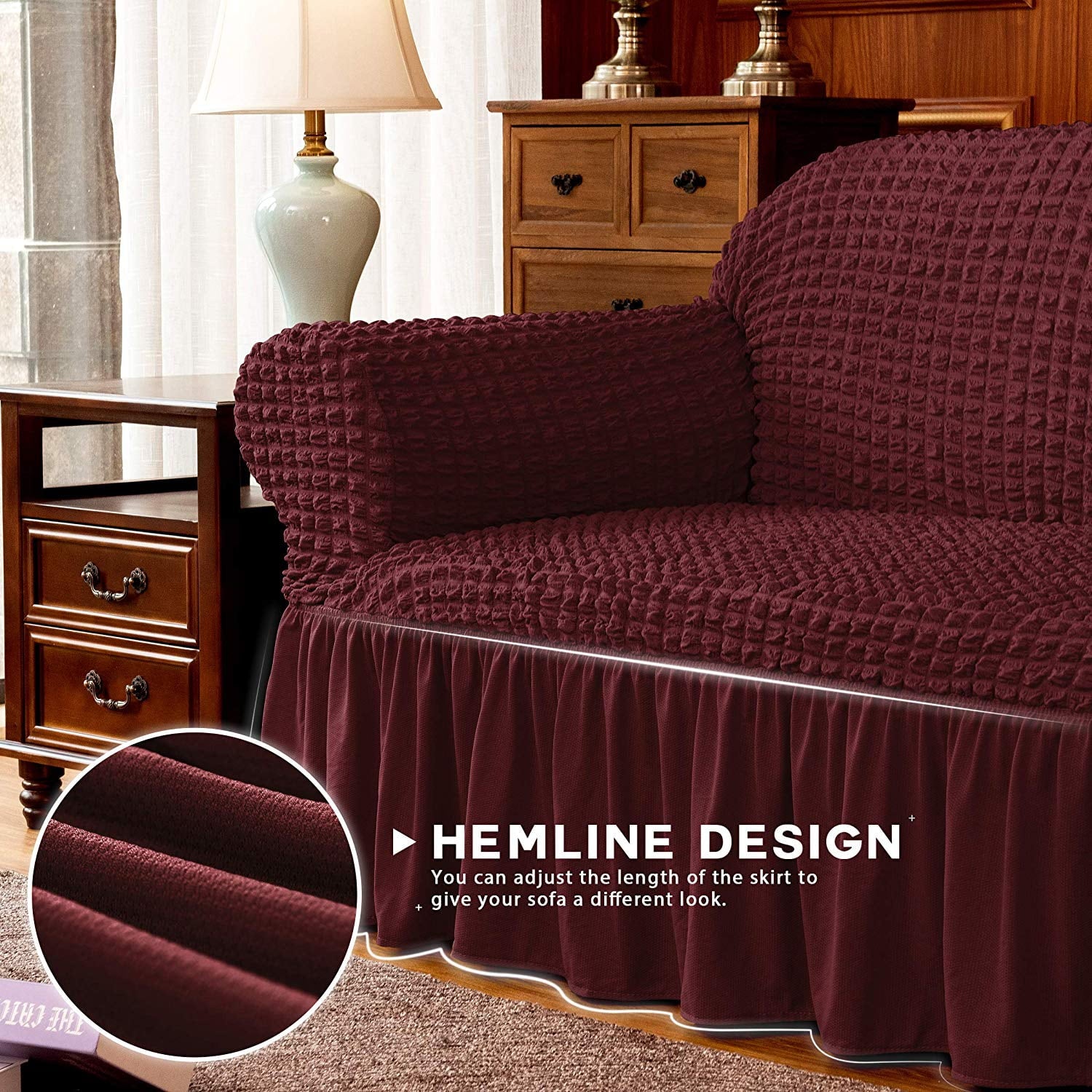 Subrtex Stretch 1-Piece Pleated Ruffled Skirt Sofa Slipcover, Wine