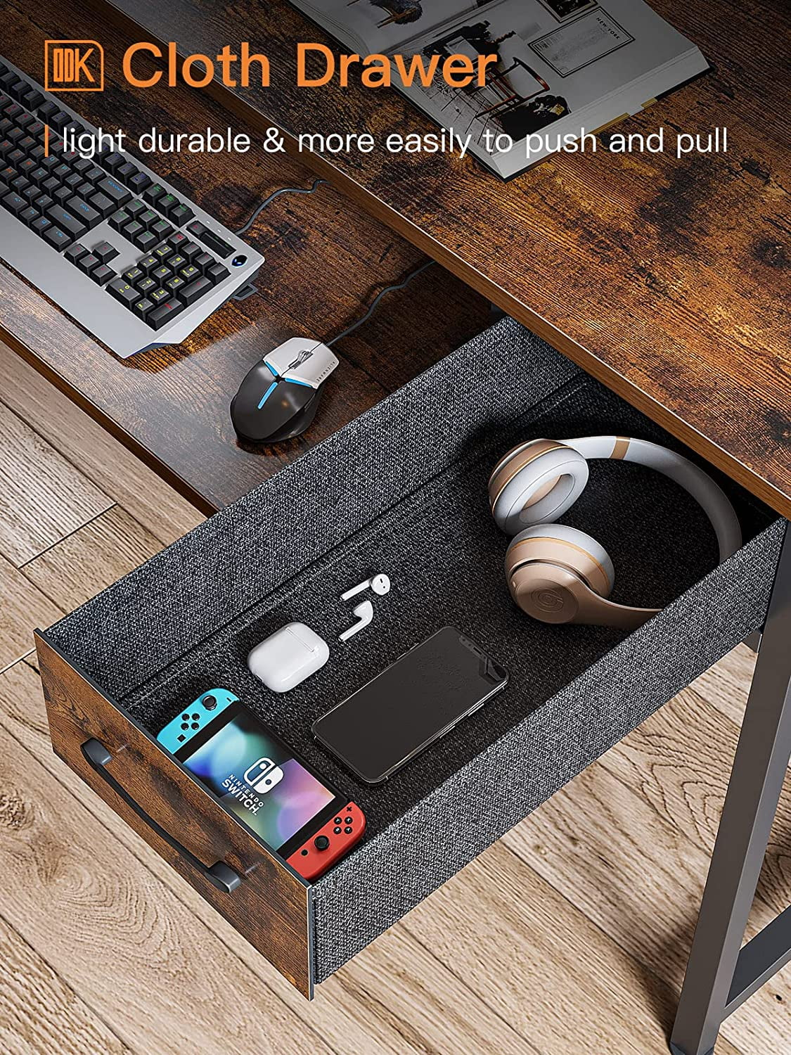 48 inch Computer Desk with Keyboard Tray, Modern Home Office Desk with Shelf & Drawers, Study Desk for Student, Rustic Brown