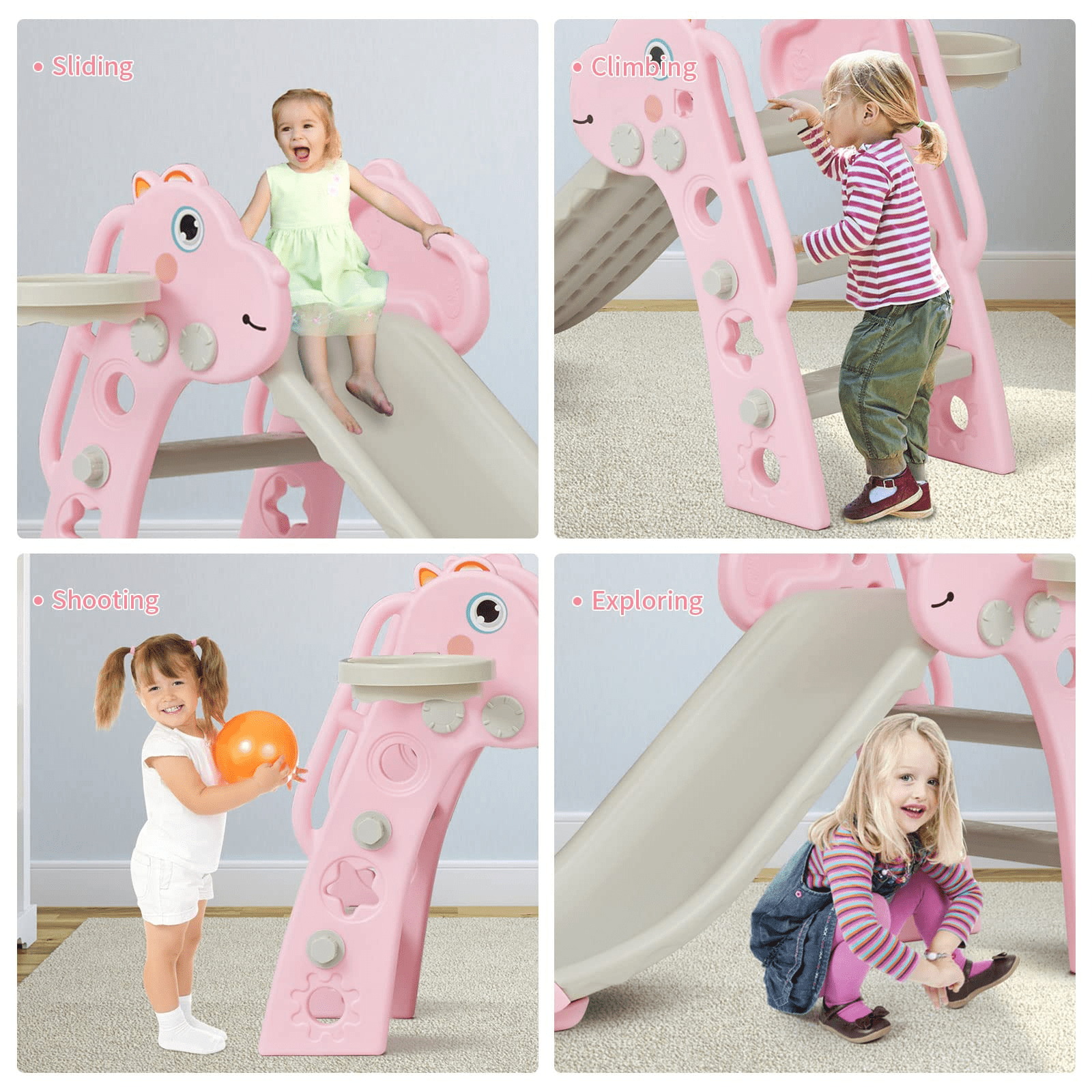 KINSUITE 3 in 1 Toddler Slide Kids Climbe Slide Set with Basketball Hoop Pink