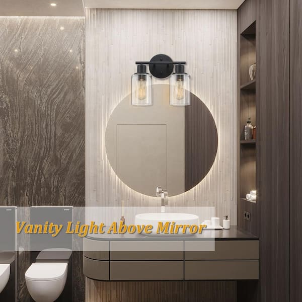 10.44 in. 2-Light Matte Black Bathroom Vanity Light with Clear Glass Shades