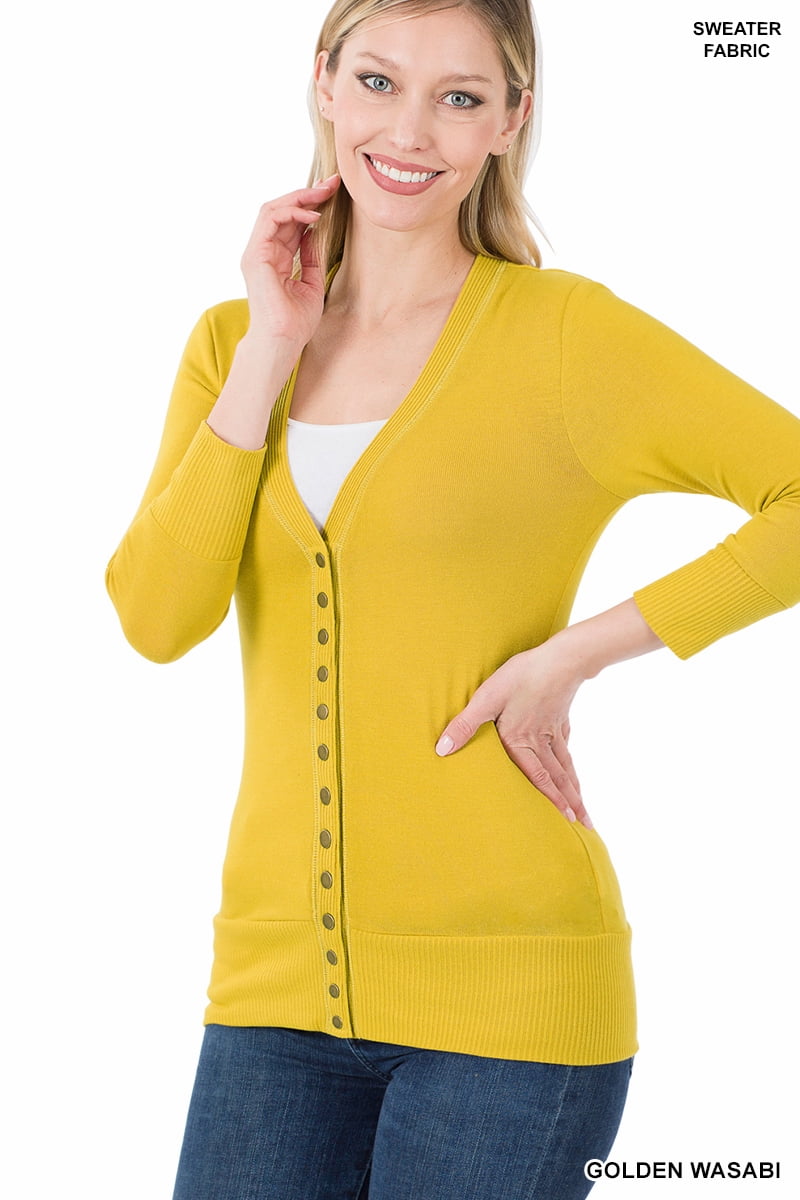 Zenana Women & Plus Front V-Neck Classic Thin Snap Button Down 3/4 Sleeve Ribbed Knit Cardigan