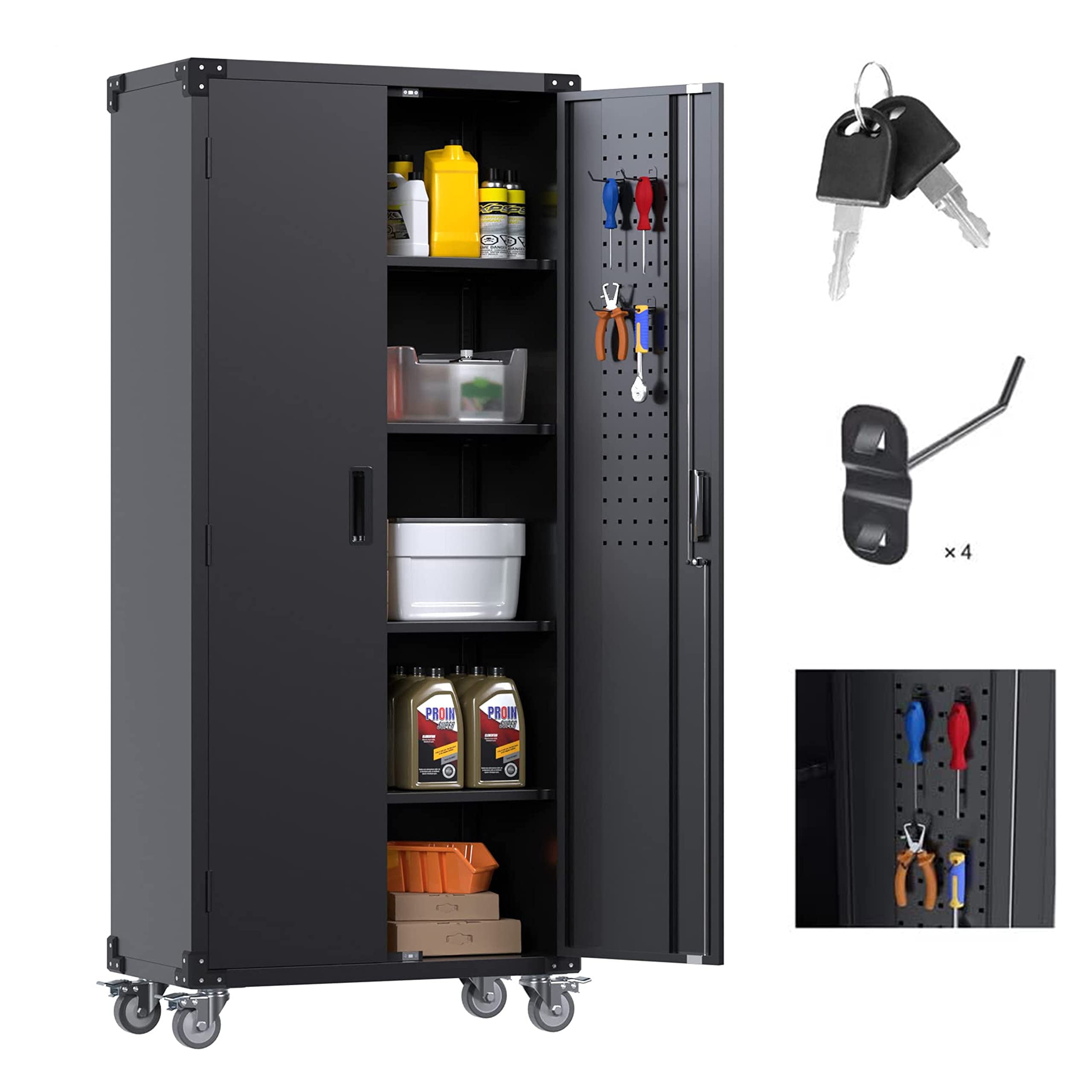 Aobabo Metal Storage Cabinet with Lock,Garage Storage Cabinet with Wheels,72In Steel Storage Cabinet for Garage Home Storage, Black Required-Assembly