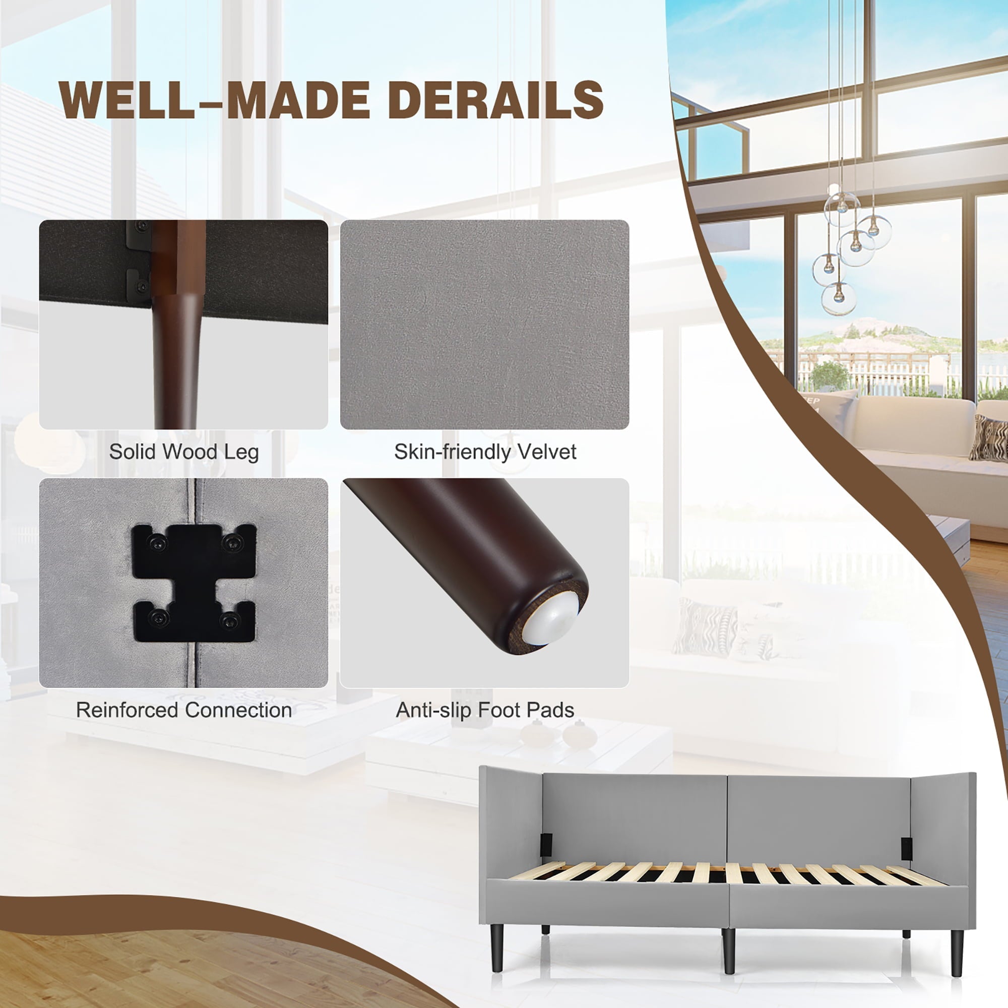 Costway Twin Daybed Upholstered Linen Wooden Sofa Bed Frame Heavy Duty Living Room Grey