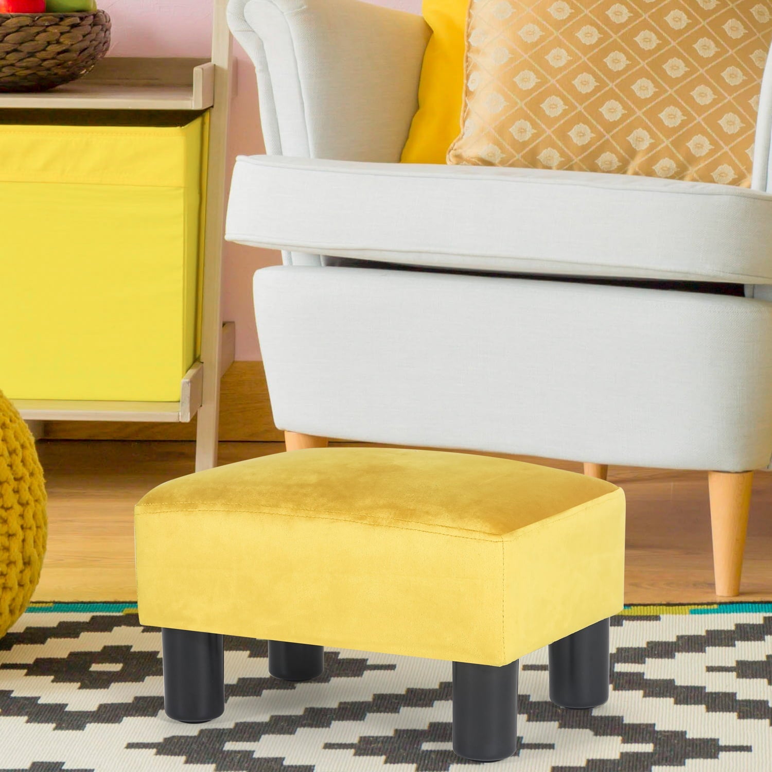 Homebeez Fabric Ottoman Footstool Square Padded Foot Rest Stool Seat,Yellow