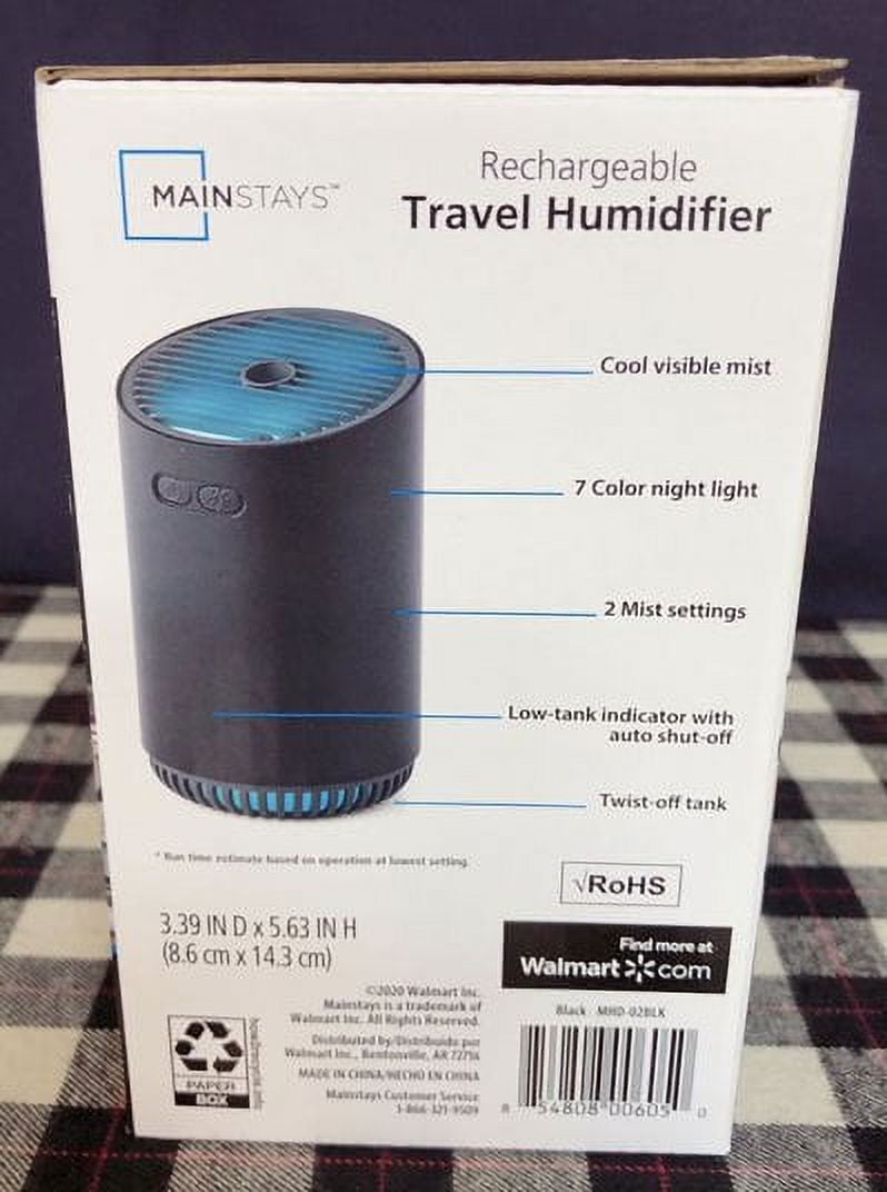 Mainstays Rechargeable Cool Mist Travel Humidifier 320 ml with 7-color LED Lights, MHD-02BLK, Black